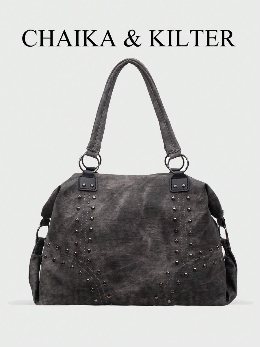 1 pieza Bolso de hombro de unicolor de tela de PU, bolso de mano vintage casual de gran capacidad para mujeres, bolso de libros para estudiantes universitarios, decoración de remaches de costura, diseño de doble asa, cierre con cremallera, adecuado para compras diarias