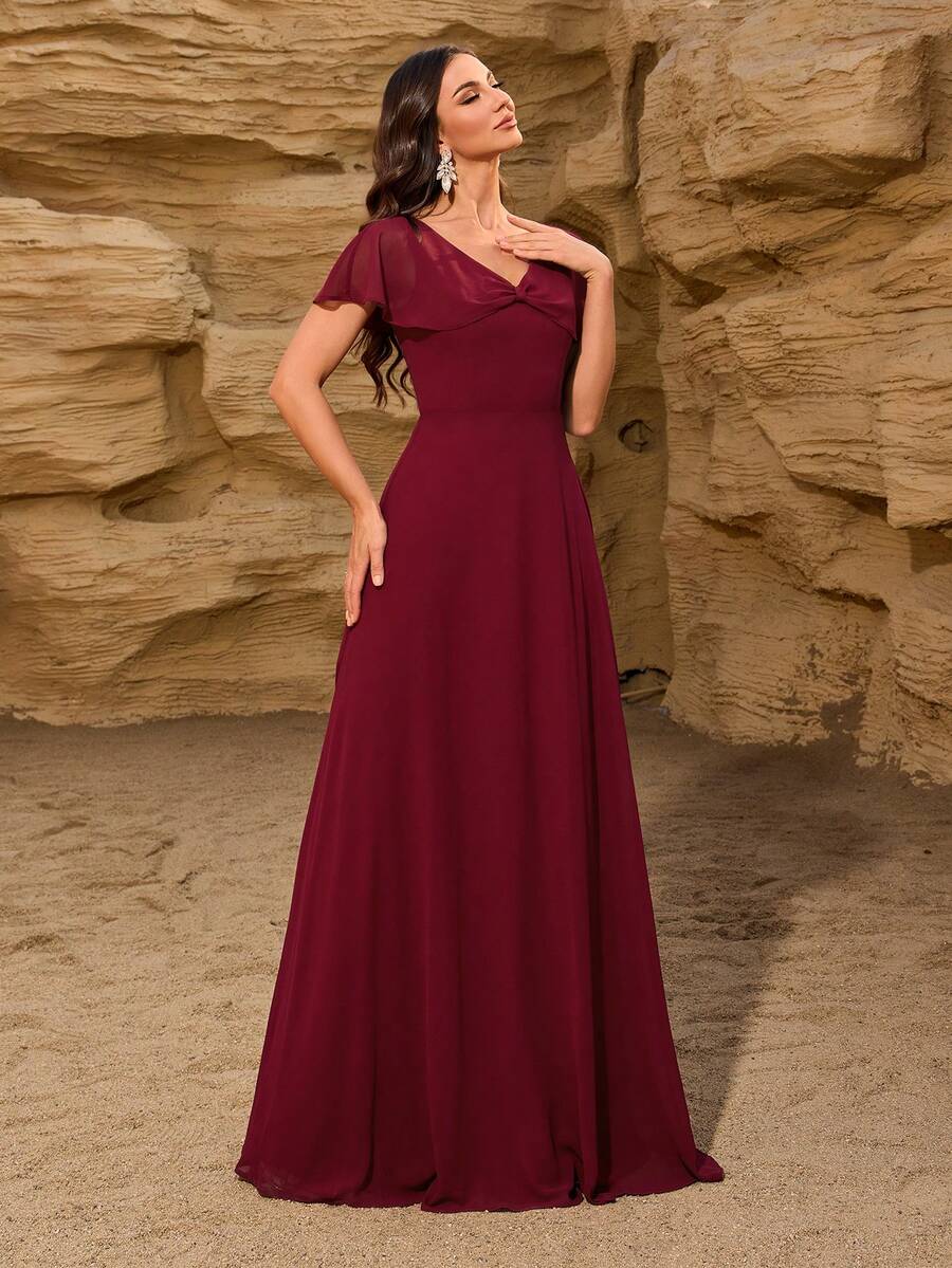V-Neck Classic Elegant Chiffon Shawl, Suitable For Bridesmaids, Birthday, Wedding Guests, Prom, Graduation Ceremony, Formal Dinner And Other Occasions - Burgundy - View 1