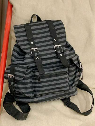 Nueva mochila de mujer de estilo universitario, de gran capacidad, con cordón, a rayas, de estilo casual y retro, con estilo vintage europeo y americano para uso diario, de compras y viajes