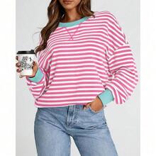 Womens Oversized Striped Sweatshirt Crewneck Long Sleeve Pullover Top Casual Y2K Spring Clothes 2026 Workout Shirt,Vacation Outfits Women,Valentine Outfits For Women,Street Photography - Pink White - 查看 5