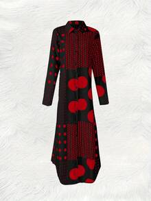 Retro Polka Dot Long Sleeve Shirt Dress - Button Details, Machine Washable & Dry Cleanable - Ideal For Spring/Summer/Autumn, Casual Contrast Color Button Polka Dot Dress