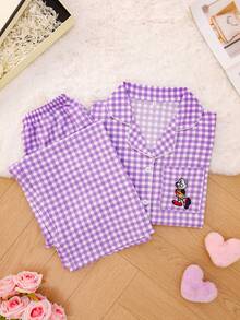 格子睡衣套装，甜美可爱翻领纽扣上衣和长裤，女士睡衣和家居服，秋季服装 - 藍白色 - 查看 7