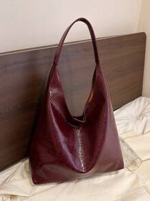 时尚、经典、百搭的女士单肩包，新款夏季勃艮第手提包，简约风格纯色褶皱纹理设计校园手提包，适合大学生日常购物和旅行学生单肩包，时尚勃艮第包