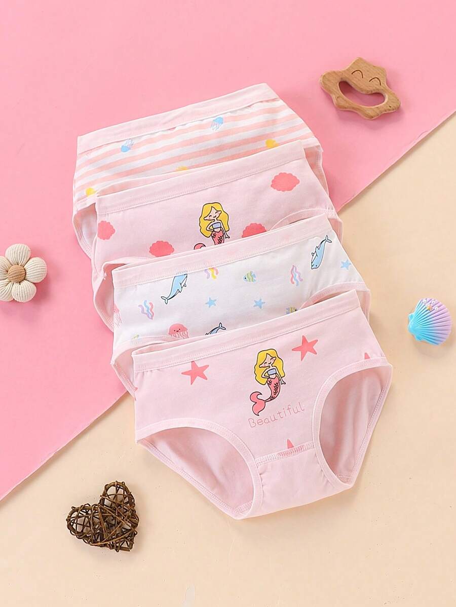 4pcs/Set Cute Cartoon Mermaid Print Girls' Underwear, Suitable For All Seasons