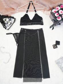 3 pièces Ensemble de lingerie sexy femme robe maxi fendue en maille avec sangle métallique en cuir verni noir, convient pour la maison, les fêtes privées ou les sorties en boîte de nuit - Noir - Voir 9