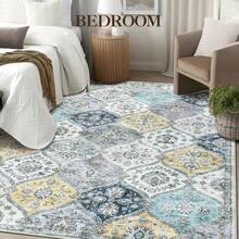 Machine Washable Rugs, Vintage Floral Throw Rugs, Farmhouse Indoor Floor Mat, Easy To Clean, Soft, Non-Slip Low Pile Accent Rug For Living Room, Bedroom, Dining Room, Kitchen - Blue and Yellow - View 3