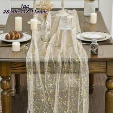 1 Pack Gold Tulle Table Runner, 72*300/500cm, Glitter Metallic Foil, Transparent Chiffon Tulle, Transparent Restaurant, Wedding, Anniversary, Holiday, Birthday Table Decoration, Suitable For Family Gathering, Bridal, Shower, Gold Party Table Decoration, Christmas, New Year, Halloween
