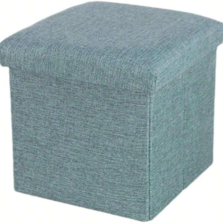 Folding Stool With Storage Box, Linen-Covered Stool, Small Cube Seat, Suitable For Toy Chest, End Of Bed, Shoe Stool, Hallway, Or Seating. Various Colors And Sizes Available. - Blue - View 1