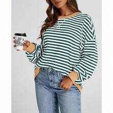 Womens Oversized Striped Sweatshirt Crewneck Long Sleeve Pullover Top Casual Y2K Spring Clothes 2026 Workout Shirt,Vacation Outfits Women,Valentine Outfits For Women,Street Photography - Green White - 查看 7