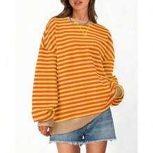 Womens Oversized Striped Sweatshirt Crewneck Long Sleeve Pullover Top Casual Y2K Spring Clothes 2026 Workout Shirt,Vacation Outfits Women,Valentine Outfits For Women,Street Photography - Yellow Orange - 查看 3