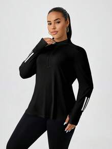 Sudadera con media cremallera para mujer talla grande, casual, de moda, para calle, running y entrenamiento al aire libre - Negro - Ver 3