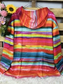 1pc Plus Size Casual Loose Stretchy Pullover Hoodie Sweatshirt, Women Autumn/Winter Rainbow Striped Print Hooded Sweatshirt With Pockets & Drawstring