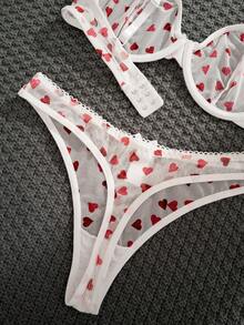 Set de 3 piezas de sujetador con aros, de unicolor, con estampado de corazón y flor, y decoración de lazo, cómodo para mujeres - Blanco - Ver 6