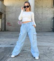 Women Pants - 淺色水洗藍 - 查看 3