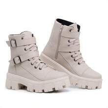 Rock Life Blogger Combat Boot With Two Buckles And Tractor Sole Myrol Outlet - Màu be - Xem 4