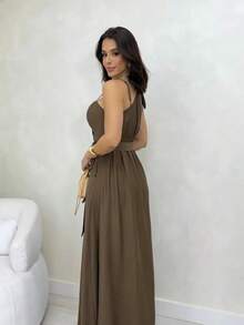 Women's Long Dress With Straps, Elegant Bow, Chic Party, Wedding, Graduation, Evangelical Fashion, Bojo - 鏽棕色 - 查看 2