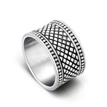 Retro Plaid Pattern Wide Titanium Steel Ring, Fashionable For Men On Thumb, Index Or Middle Finger