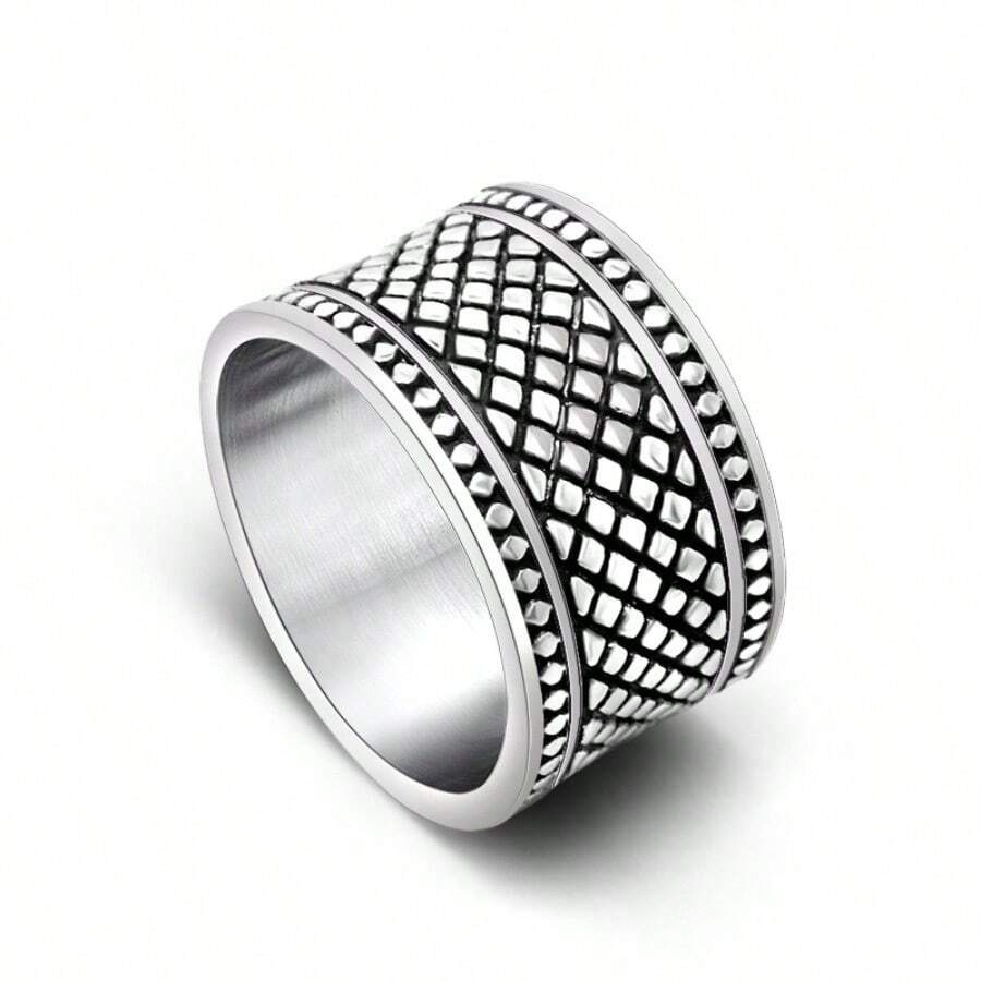 Retro Plaid Pattern Wide Titanium Steel Ring, Fashionable For Men On Thumb, Index Or Middle Finger