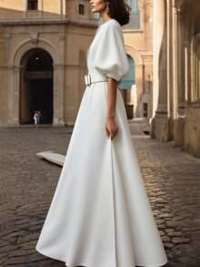 Women's Solid Color High Waist Belted Floor Length Evening Dress Half Puff Sleeves Elegant Party Gowns - 白色 - 查看 2