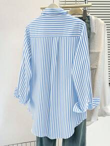 女士休闲基本款条纹尖领长袖衬衫上衣，带纽扣口袋，日常办公室穿着秋冬春装​ - 藍色 - 查看 8