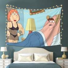 Family Guy Themed Tapestry - Vibrant Peach Skin Velvet Wall Hanging With Animated Characters, Perfect For Bedroom, Living Room, Or Dorm Decor, Indoor Art Gift, Polyester, Horizontal, Bedroom Decoration| Character Depiction| Texture - 白色 - 查看 3