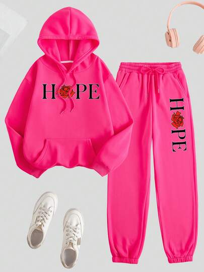 Plus Size Women's Casual Versatile Rose Red Hooded Sweatshirt And Thermal Lined Sweatpants Set, With A Hope Rose Pattern Printed On The Chest. A Two Pieces Set Featuring A Versatile Basic Style Suitable For Autumn And Winter.