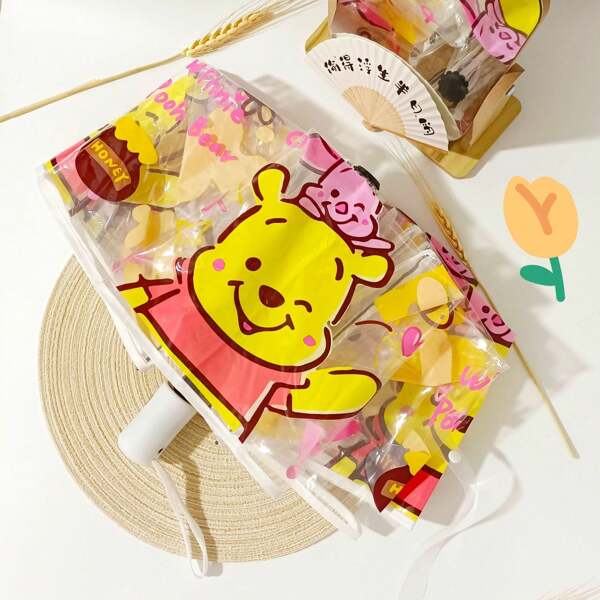 Disney 1pc Disney Cartoon Winnie The Pooh Yellow Transparent Automatic Folding Umbrella, Cartoon Cute Girly Long Handle Sunshade Waterproof Photography Prop For Men & Women, Holiday Birthday Party Gift