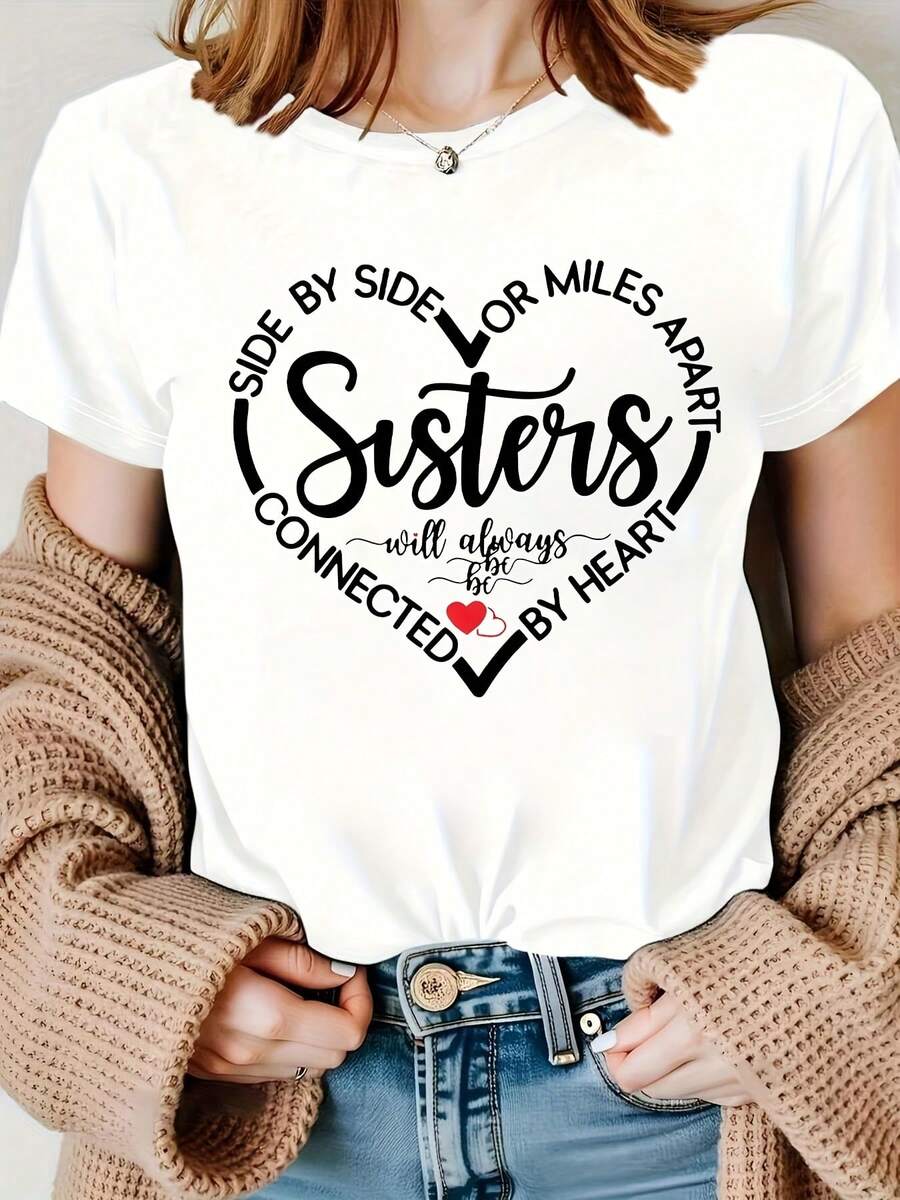Sister Graphic Print T-Shirt For Women Casual Short Sleeve Breathable Round Neck Top - trắng - Xem 1
