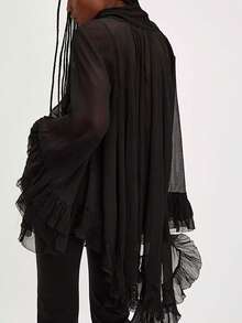 Women's Ruffled Tops Bow Tie Design Long Sleeve Peplum Lace Trim Chiffon Shirt Sheer V Neck Boho Ruffle Beach Blouse - 黑色 - 查看 4