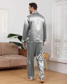 BigKing Men's Silk Satin Pajama Set, Soft Long Sleeve Button Down Pyjama Set - White - View 8