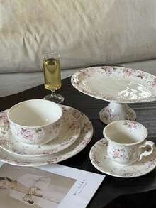 1pc Pink Rose Ceramic Coffee Cup & Saucer Set, French Romantic Floral Relief Teacup & Plate Set, Floral Western Dessert Plate, Home Decor Serving Dish, Suitable For Restaurant, Garden Afternoon Tea, Cafe, Candlelight Dinner, Housewarming, Holiday Gift, Couple Date Tableware - Multicolor - View 6