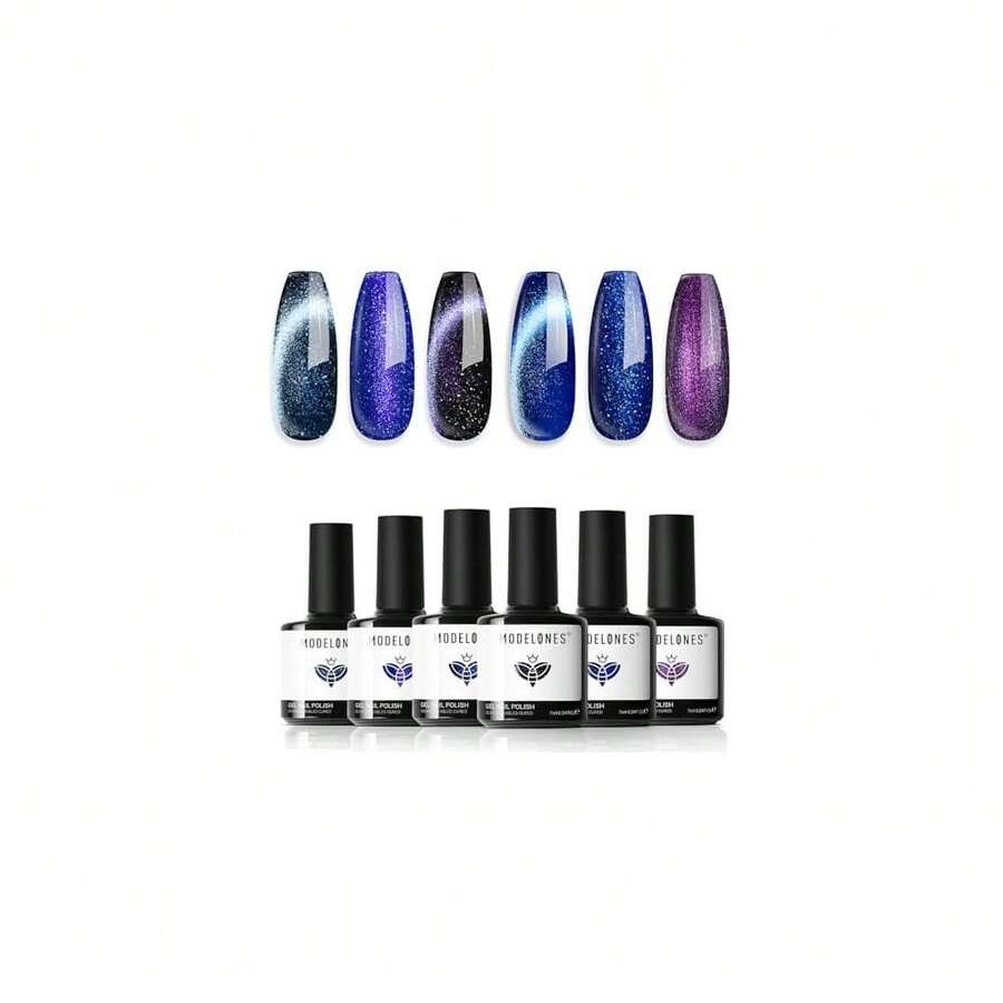 Cat Eye Gel Nail Polish Set, 6 Colors 9D Glassy Cat Eye Glitter Gel Polish Black Red Purple Blue Silver Brown Nail Polish All Seasons With Magnet Soak Off Led DIY Salon Gift-842643 - A1-午夜色調 - 查看 1