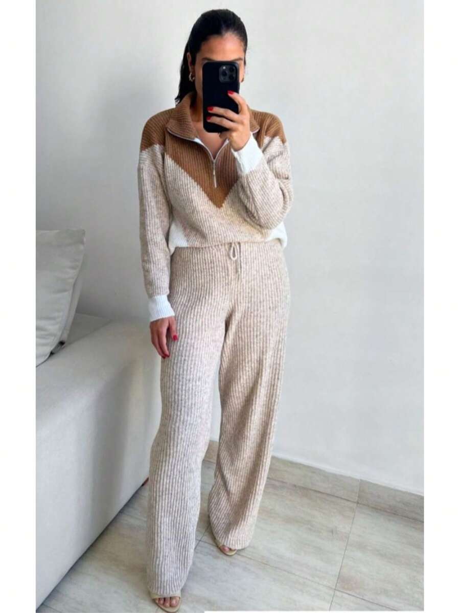 Warm Knit Mousse Set With Zipper Missione - Beige - View 1