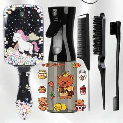 Set de 4/6/8 piezas de peine y botella de rociado continuo con diseño de dibujos animados - Cepillo, cepillo de pelo, cepillo de bordes, peine, peine, peine, cepillo desenredante, cepillo de bola, mini cepillo de pelo, set de cepillos de pelo, peine de madera, cepillo de pelo, cepillo de pelo, peine, peluquero, herramientas de peinado, productos de peinado, accesorios de peinado, cepillo de espalda, cuidado del cabello, peine, accesorios de peluquería, peine, cepillo rizado, viaje, suministros de peinado, cepillo desenredante, cepillo de bola, mini cepillo de pelo