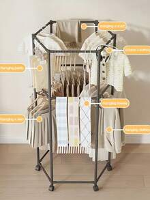 6-seitiger drehbarer Kleiderständer - stabiles Metallrohr, unabhängiges Design, tragbare und effiziente Kleidungsaufbewahrung und -präsentation, schwarz/weiß, geeignet als Wäscheorganizer für alle Jahreszeiten, hexagonale Form mit 6 Rollen drehbar und beweglich, Stütze aus 16 mm verstärktem Metallstab, geeignet für Schlafzimmer, Wohnzimmer, Balkon, Waschküche - Verschiedenfarbig - Übersicht 7