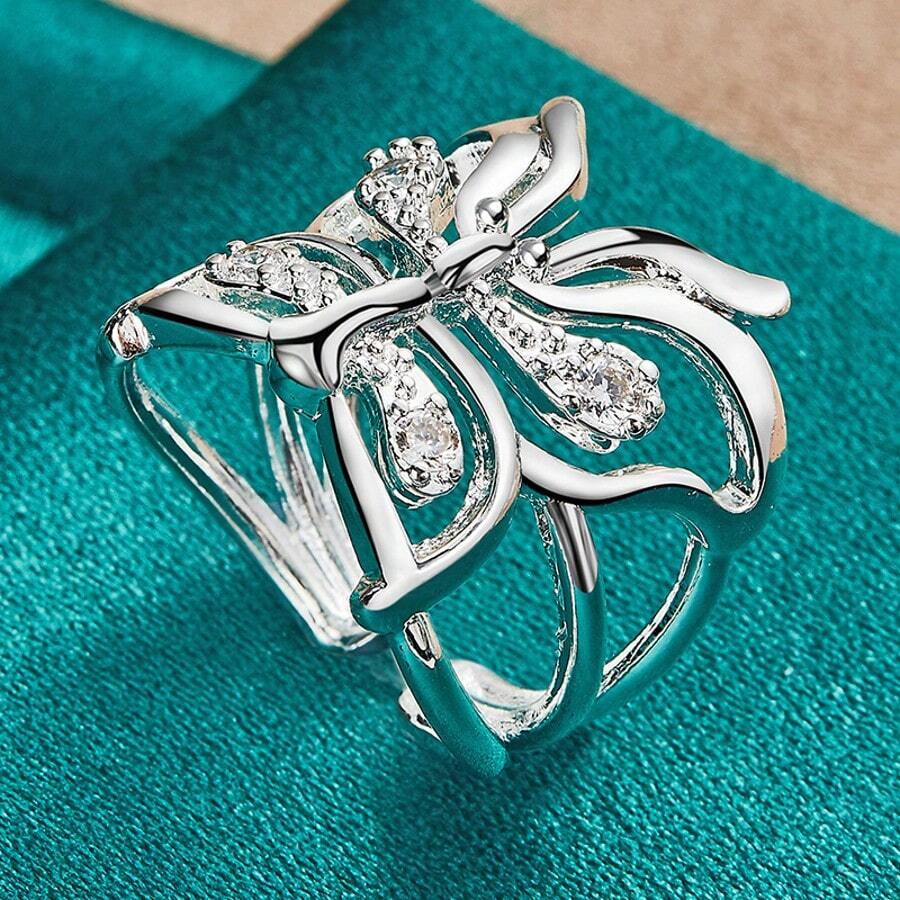 925 Sterling Silver Plated Butterfly Zirconia Open Ring For Women Wedding Charm Fashion Jewelry - Silver - View 1