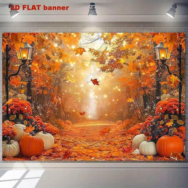 Fondo fotográfico plano 2D, decoración de otoño con hojas de arce y calabaza para el Día de Acción de Gracias, adecuado para reuniones de amigos, fiestas, hogar, oficina, decoración al aire libre, estudio, regalo de festivales, material de poliéster, sin necesidad de electricidad