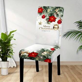 Juego de 1/2/4/6/8 fundas de silla con estampado de renos y copos de nieve, diseño clásico, tela elástica, impresión digital, diseño de banda elástica, lavable a máquina, lavable a mano, fibra de poliéster 100%, adecuado para decoración navideña del hogar, fiestas y banquetes, también adecuado como regalo de decoración navideña.