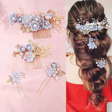 4 Pieces Pink Bridal Flower Wedding Hair Pins Pearl Hair Pins Clips Headpiece Gold Wedding Hair Accessories Jewelry With Brides Bridesmaids Women Girls Updovalentine's Day SEMZ - 藍色 - 查看 1