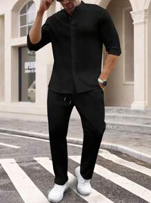 男士罗纹提花面料短袖中式领衬衫，抽绳腰裤两件套西装，必备度假装