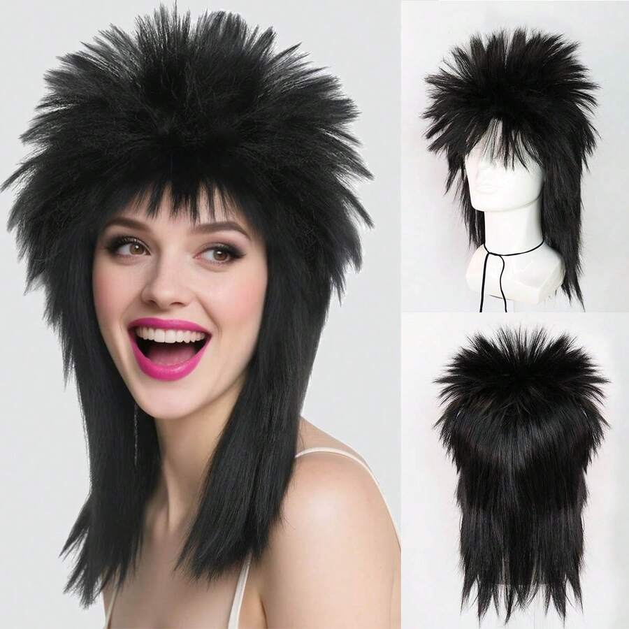 Peluca de disco oscilante, peluca negra de hombro de estilo punk de los años 70 y 80 para fiestas, peluca sintética larga y media con brillo, con capas, esponjosa y recta con flequillo para mujeres y hombres, disfraz de peluca mullet para fiestas, bailes, escuela, carnaval, conciertos, convenciones, citas diarias, discotecas, celebraciones, Navidad, Año Nuevo, festivales de música, decoraciones