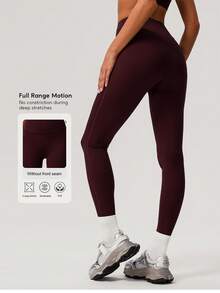 Sodalemon Quần legging thể thao nữ chạy bộ, tập luyện, không đường may phía trước, nâng mông, chất liệu nhẹ, size EU, dành cho hoạt động ngoài trời, mùa xuân. - Màu Đỏ Sâu - Xem 4