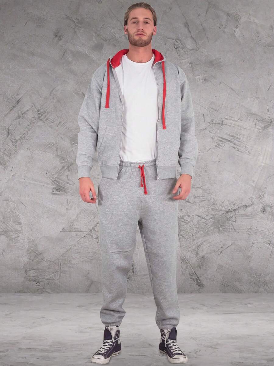 LoveMyFashions Men's 2pcs Set Tracksuit Full Sleeve Solid Color Drawstring Waist Zip Up Hoodie & Sweatpants Two Pieces Set With Pockets - Grey/Red - View 1