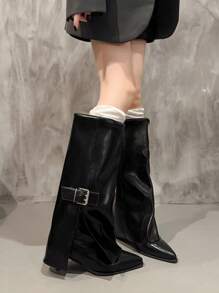 2025 Autumn/Winter New Pointed Toe Thigh High Boots For Women, European & American Style Slim Heel High Boots,Black Boots,Kitten Heels - Black - View 2