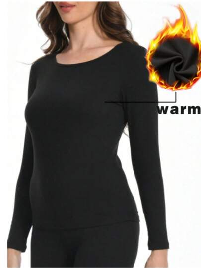 1pc Autumn/Winter Thermal Lined Crew Neck Long Sleeve Fitted Casual Activewear Base Layer Top For Women