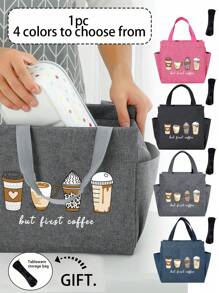 2pcs/Set Lunch Bag Insulated Bag, Printed Coffee Pattern Lunch Bag, With Black Cutlery Storage Bag, Double Pocket Lunch Box Bag, Large Capacity, Student Teacher Meal Insulated Cooler Bag, Portable Travel Picnic Bag, Office School Lunch Bag, Insulated Lunch Box, Work Lunch Box, Office Holiday Lunch Box, Multifunctional Camping School Lunch Box, Unisex, Back To School Gift