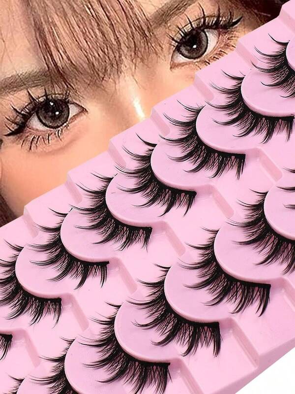 10 paires de faux cils de style bande dessinée, cils épais et recourbés, faux cils noirs en 1 pièce seul morceau pouvant être portés au quotidien pour agrandir les yeux