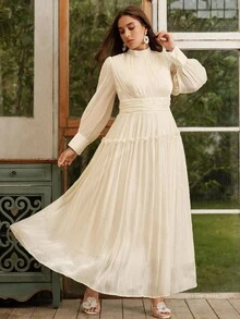 Anewsta Vestido formal de manga larga con manga abullonada distintiva, pliegues en la cintura y cuello alto, vestido de línea A para mujer de talla grande - Champán - Ver 6