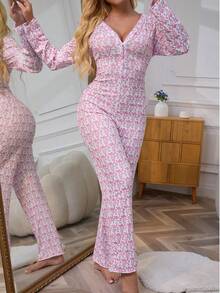 Mono de una pieza con estampado de mono de dibujos animados para mujer, mono de pijama sexy con acanalado, ropa de dormir de una pieza, pijamas familiares de Navidad y vacaciones, otoño