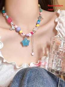 波西米亚风韩式彩色糖果星星流苏吊坠项链，甜美心形链条，Y2K美学饰品